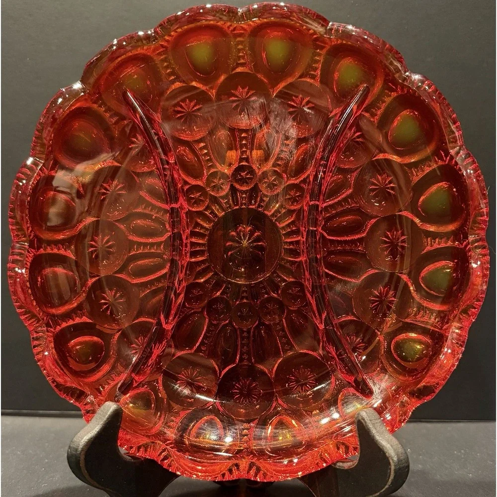 Vintage Moon and Star Amberina Glass Relish Dish 3 Part‎ Divided Server Red